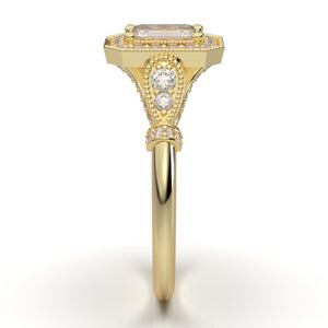 Home Try On--Yellow Gold Emerald Cut Milgrain Halo Ring