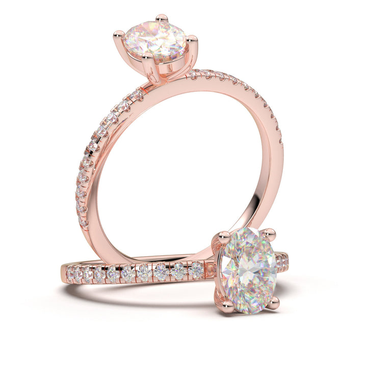 Oval Engagement Ring, Rose Gold Wedding Ring, Diamond Ring, Half Eternity Band Ring, 14K Rose Gold Stacking Ring, Promise Moissanite Ring