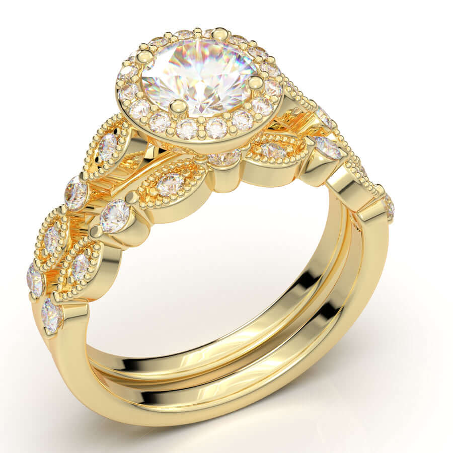 Home Try On--Yellow Gold Round Halo Vintage Engagement Set