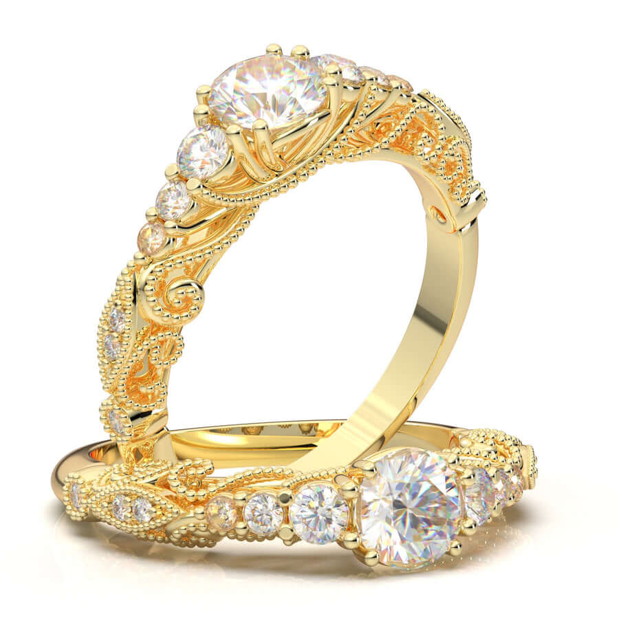 Three Stone Engagement Ring, Art Deco Bridal Ring, 14K White Gold Ring, Vintage Inspired Moissanite Ring
