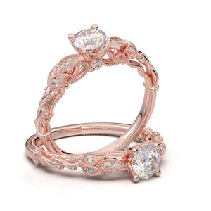 14K Rose Gold Floral Diamond Engagement Ring, Milgrain Moissanite Tree Ring