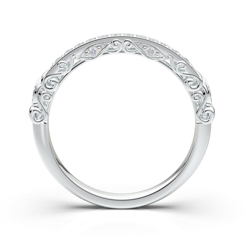 14K White Gold Vintage Floral Scroll Wedding Ring