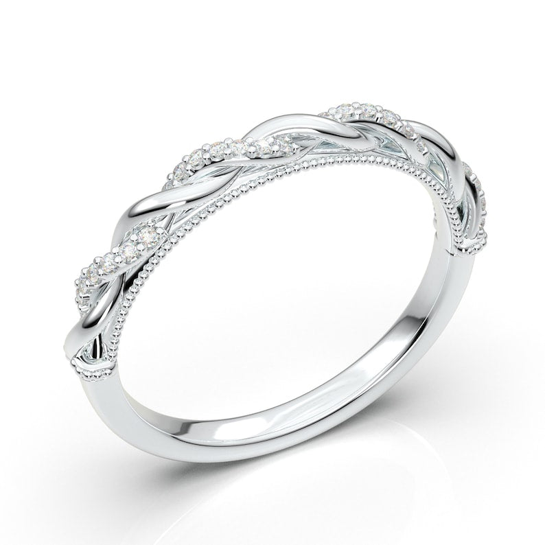 14K White Gold Floral Twist Weave Stackable Engagement Wedding Band