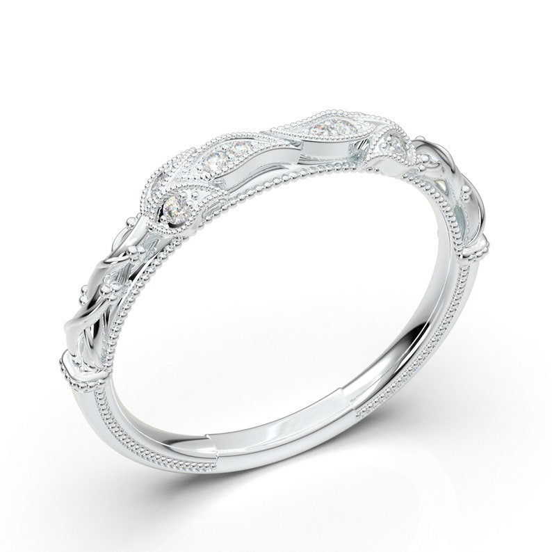 14K White Gold Floral Art Deco Stackable Wedding Band