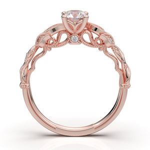 14K Rose Gold Floral Diamond Engagement Ring, Milgrain Moissanite Tree Ring