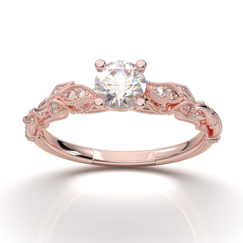 14K Rose Gold Floral Diamond Engagement Ring, Milgrain Moissanite Tree Ring