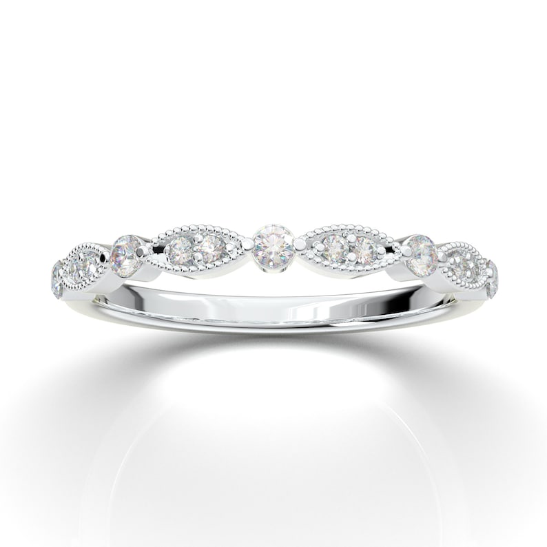 14K White Gold Diamond Wedding Band, Stacking Art Deco Engagement Ring