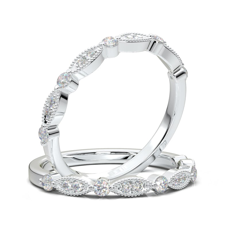 14K White Gold Diamond Wedding Band, Stacking Art Deco Engagement Ring