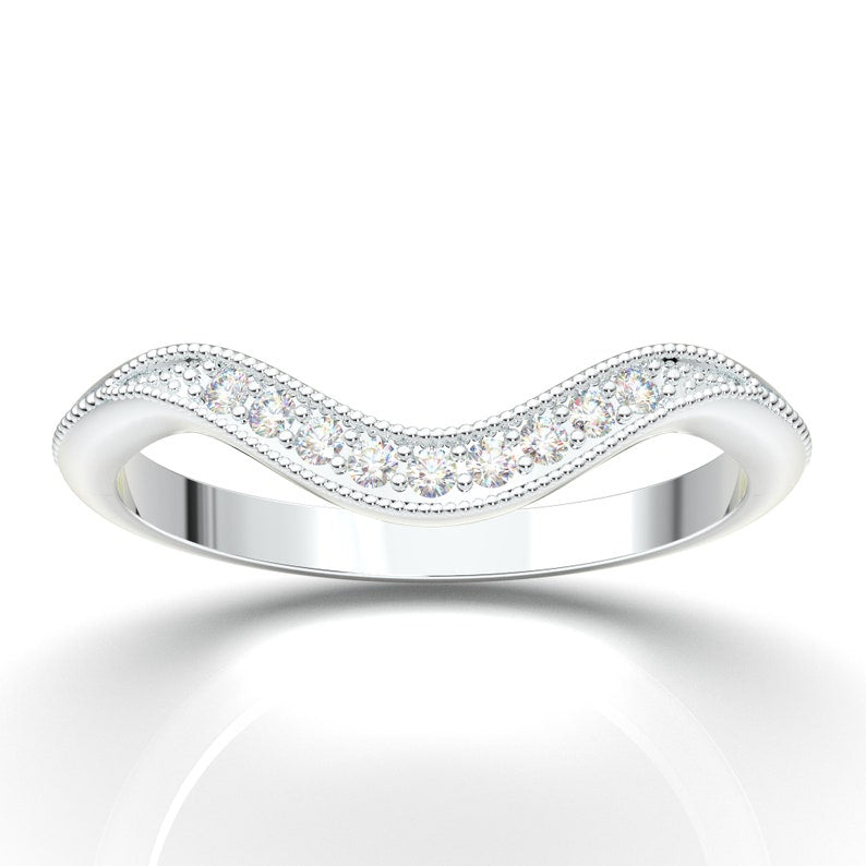 14K White Gold Chevron Vintage Diamond Wedding Band Scroll