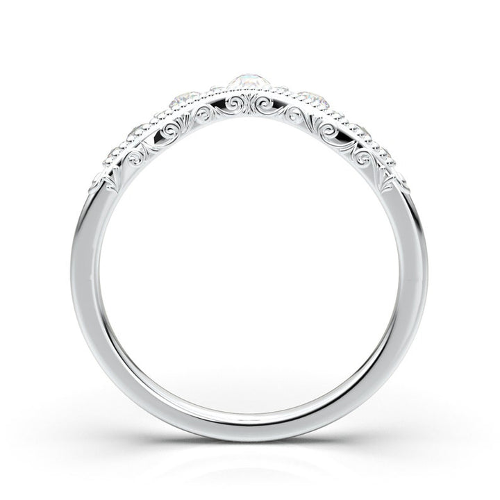 14K White Gold Contour Crown Band, Art Deco Moissanite Pear Wedding Band