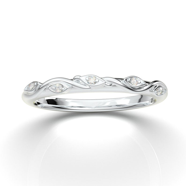 14K White Gold Vintage Floral Wedding Band, Stackable Anniversary Ring