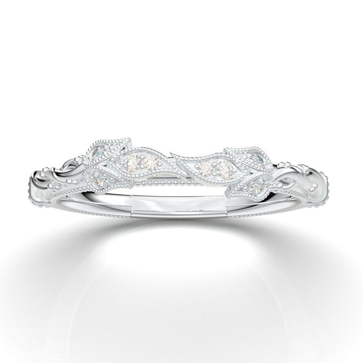 14K White Gold Floral Art Deco Stackable Wedding Band