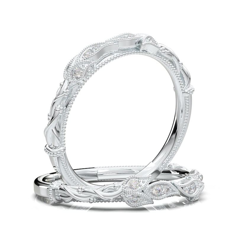 14K White Gold Floral Art Deco Stackable Wedding Band