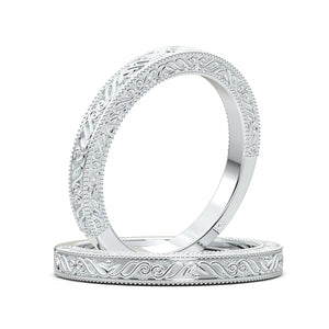 14K White Gold Vintage Art Deco Wedding Band, Engraved Filigree Ring