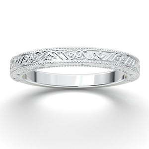 14K White Gold Vintage Art Deco Wedding Band, Engraved Filigree Ring