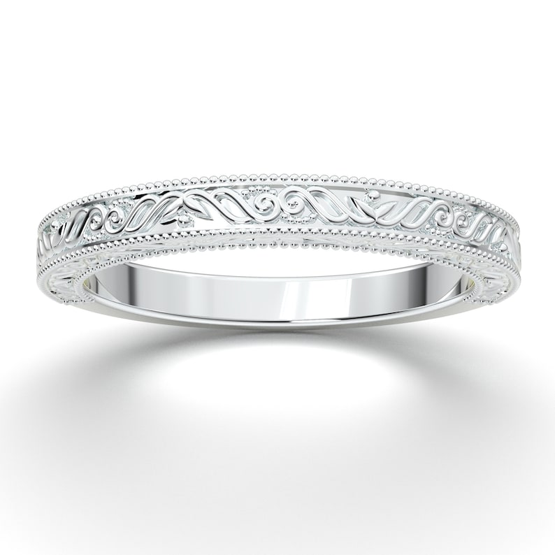 14K White Gold Vintage Art Deco Wedding Band, Engraved Filigree Ring