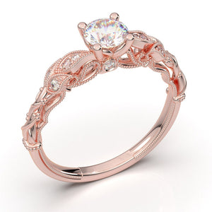 14K Rose Gold Floral Diamond Engagement Ring, Milgrain Moissanite Tree Ring