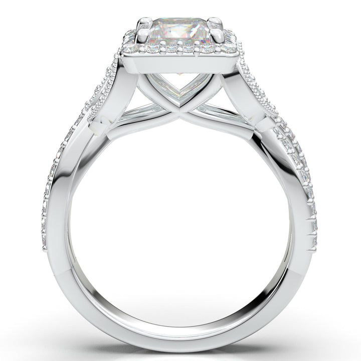 White Gold Princess Cut Halo Twist Shank Ring