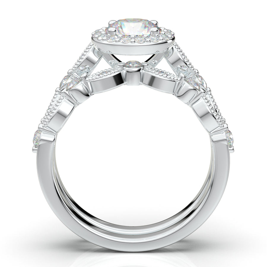 White Gold Round Halo Vintage Engagement Set