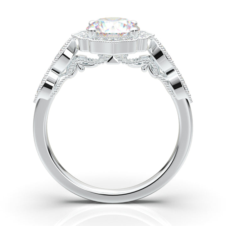 White Gold Floral Milgrain Halo Ring