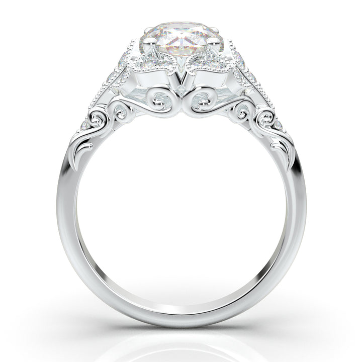 White Gold Vintage Floral Filigree Halo Ring