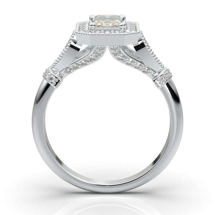 White Gold Emerald Cut Milgrain Halo Ring