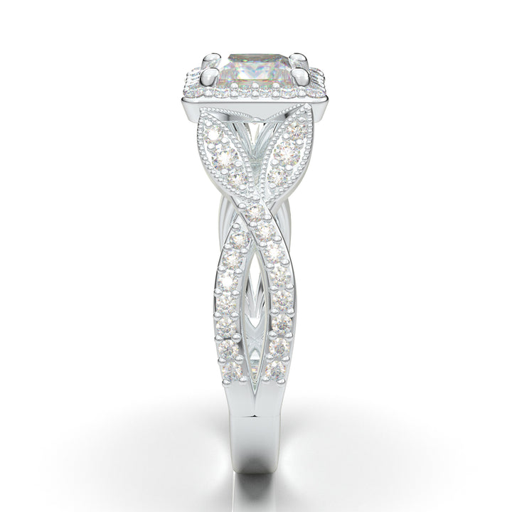 White Gold Princess Cut Halo Twist Shank Ring