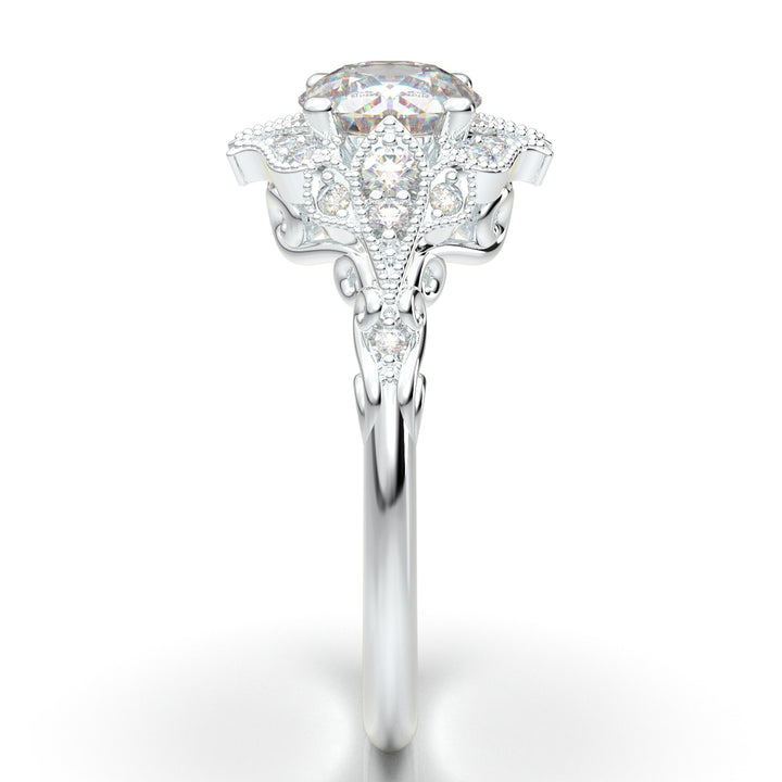 White Gold Vintage Floral Filigree Halo Ring