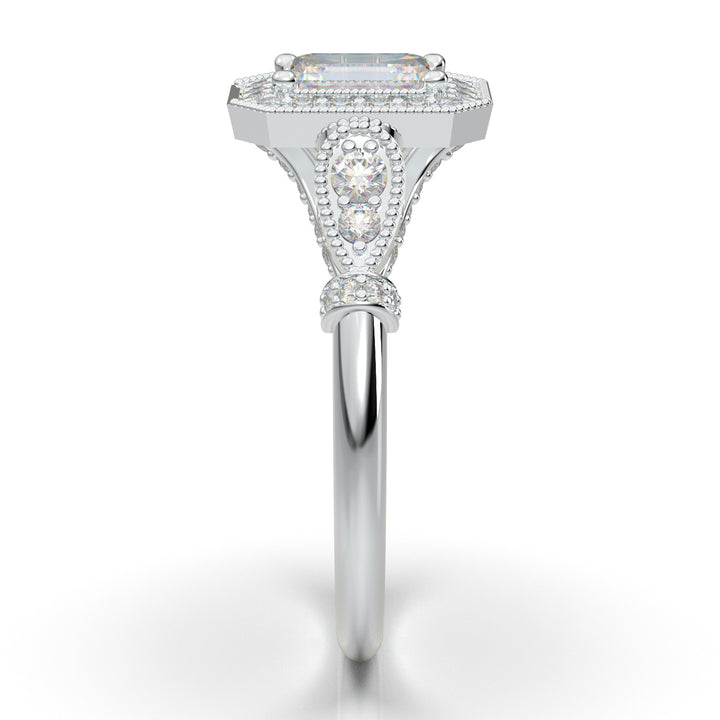 White Gold Emerald Cut Milgrain Halo Ring