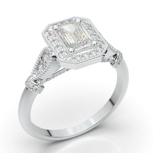 Home Try On--White Gold Emerald Cut Milgrain Halo Ring
