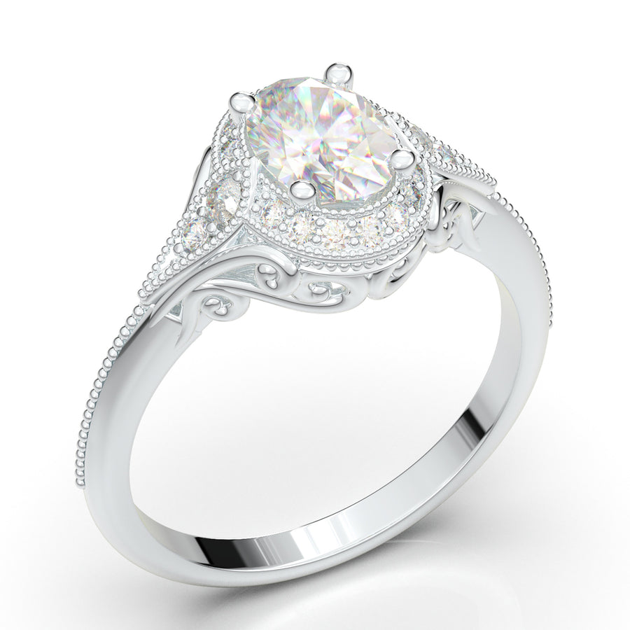 Home Try On--White Gold Vintage Filigree Oval Halo Ring