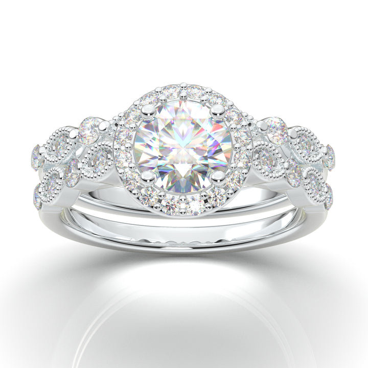 White Gold Round Halo Vintage Engagement Set