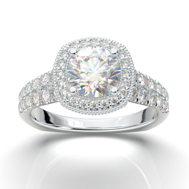 White Gold Cushion Halo Two-Row Ring