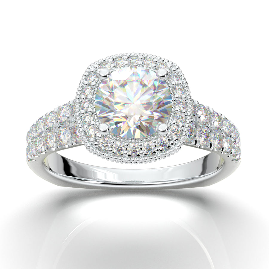 Home Try On--White Gold Cushion Halo Two-Row Ring