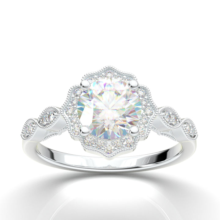 White Gold Floral Milgrain Halo Ring