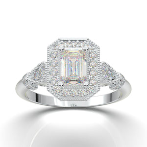 White Gold Emerald Cut Milgrain Halo Ring