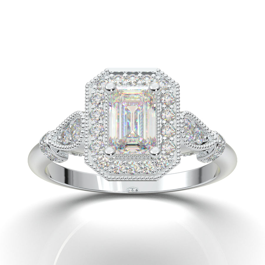 White Gold Emerald Cut Milgrain Halo Ring