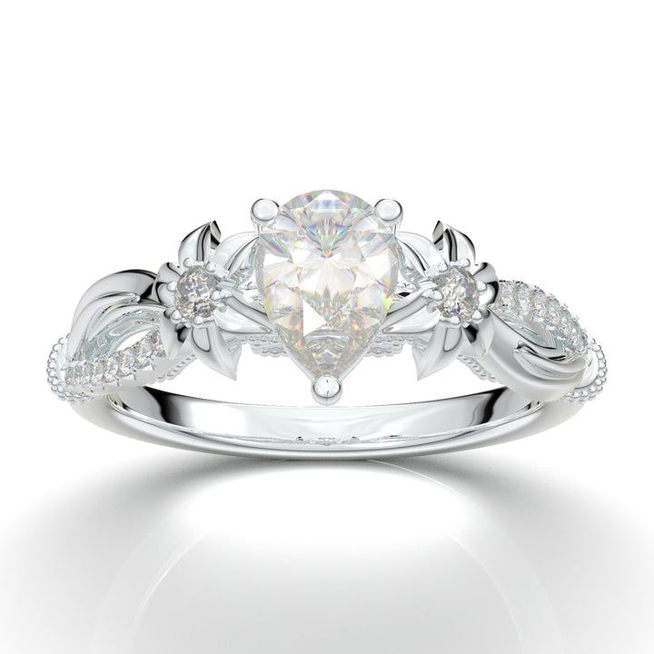 White Gold Floral Pear Filigree Ring