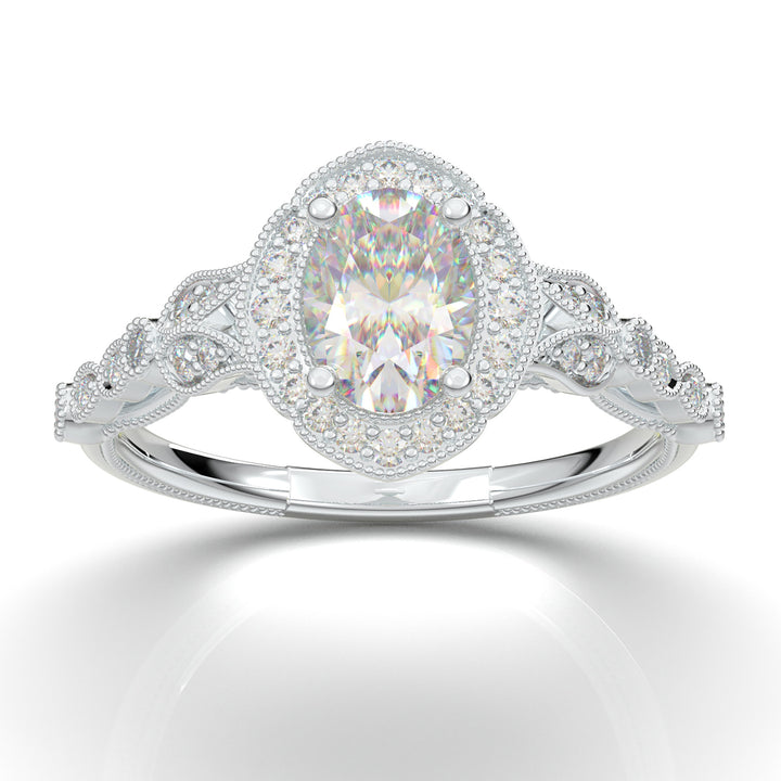 White Gold Floral Oval Halo Ring