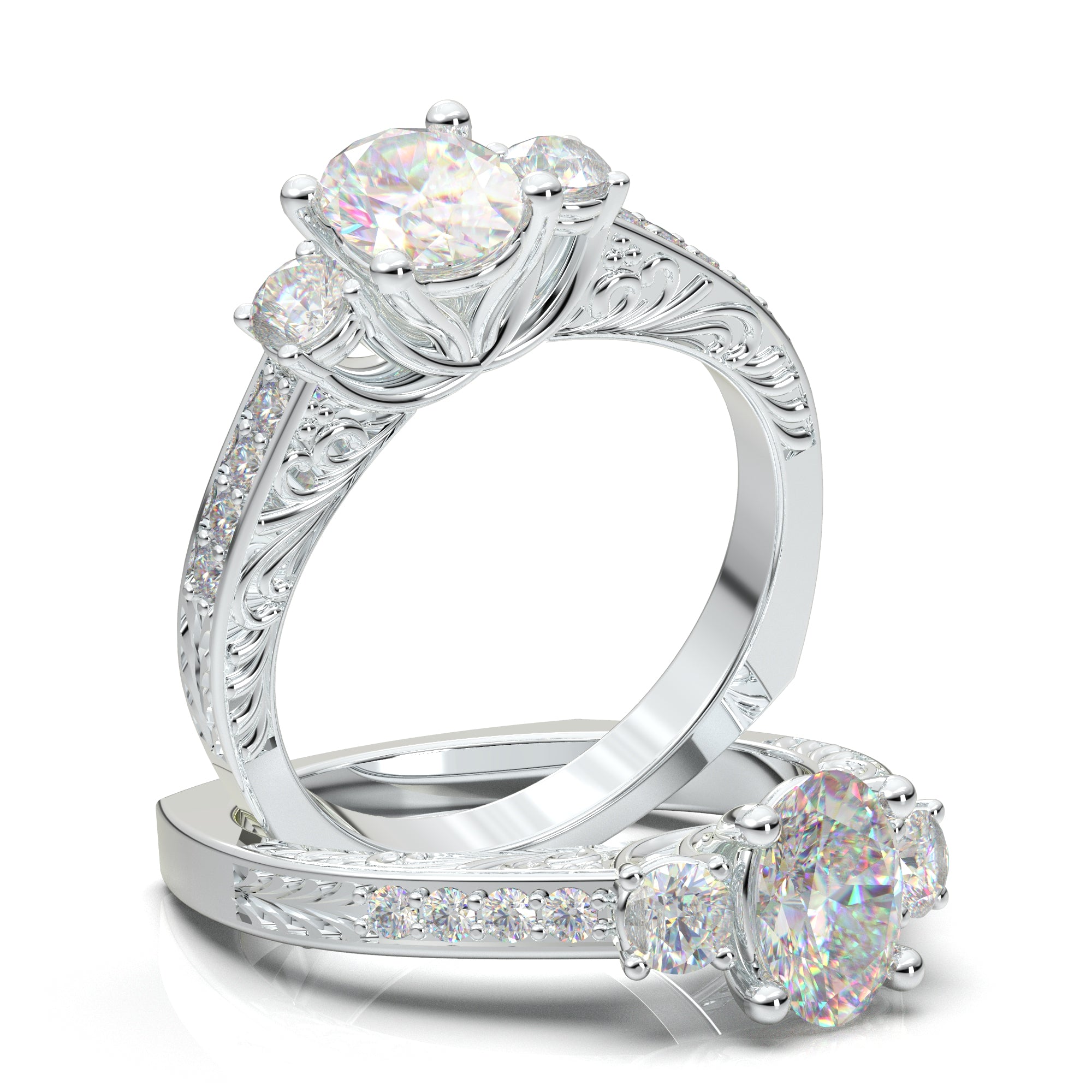 White Gold Vintage Oval Three Stone Ring