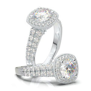 White Gold Cushion Halo Two-Row Ring