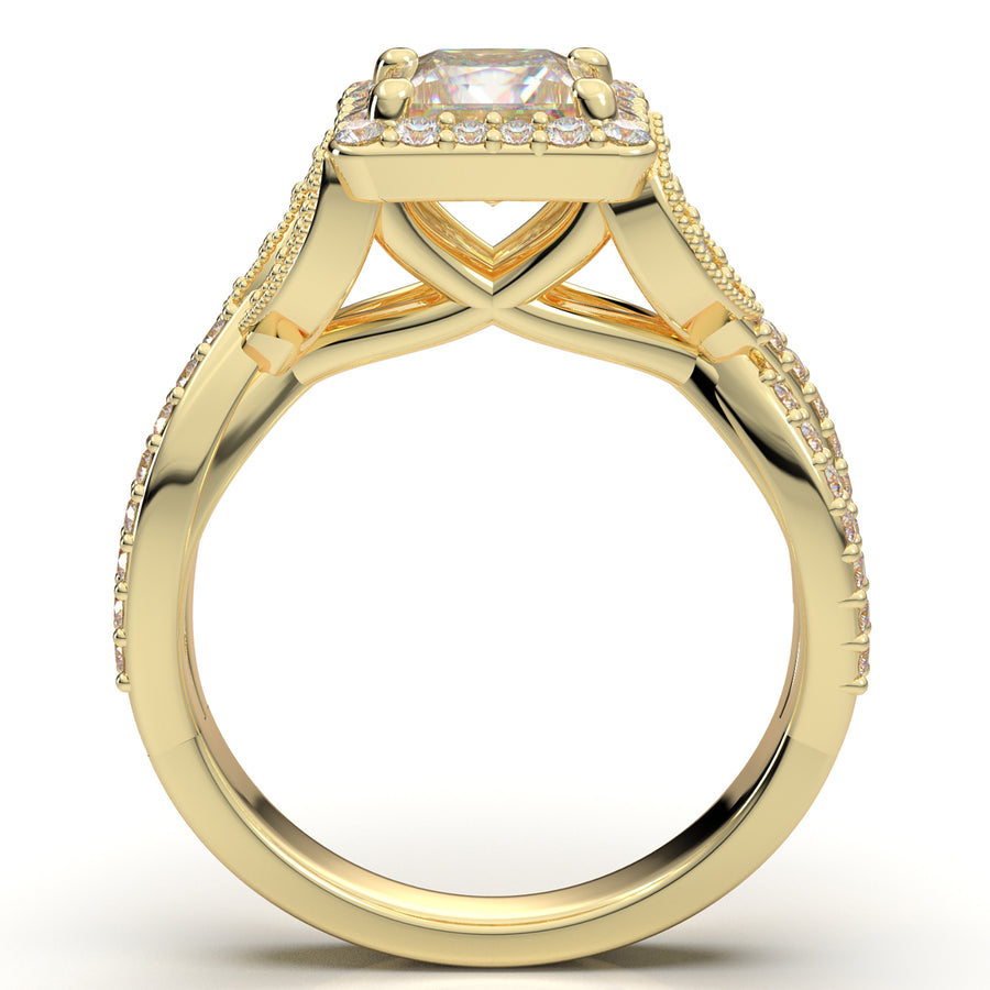 Home Try On--Yellow Gold Princess Cut Halo Twist Shank Ring