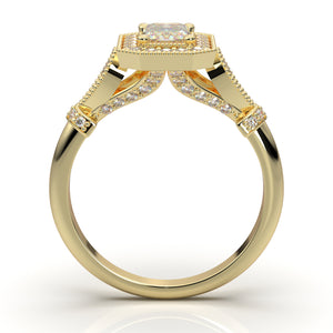 Yellow Gold Emerald Cut Milgrain Halo Ring