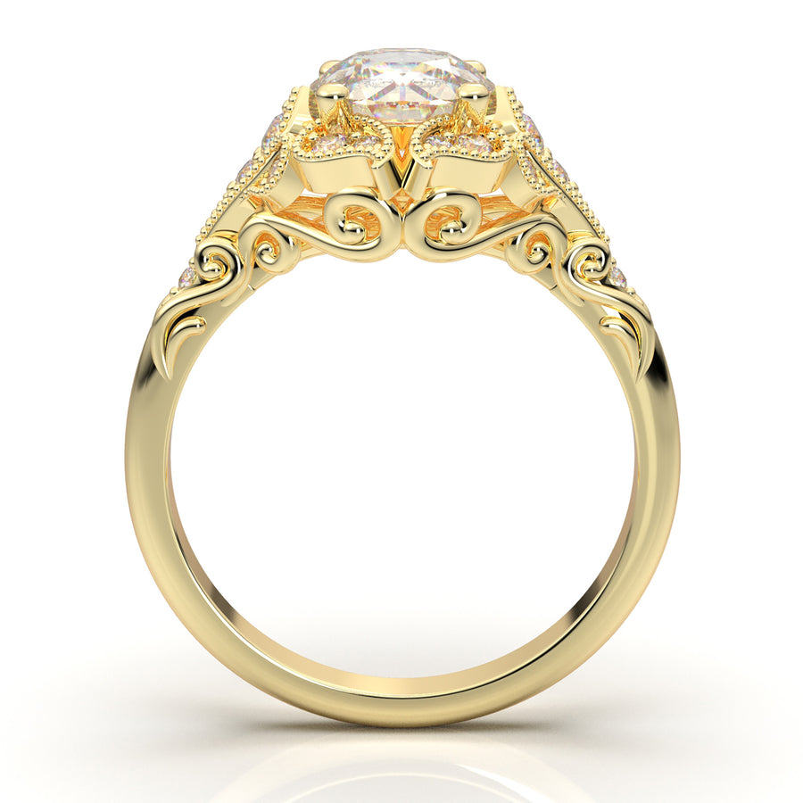 Home Try On--Yellow Gold Vintage Floral Filigree Halo Ring