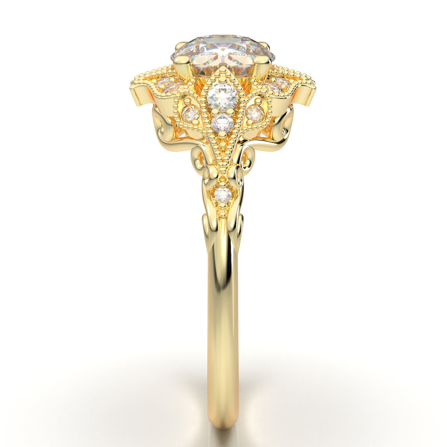 Yellow Gold Vintage Floral Filigree Halo Ring