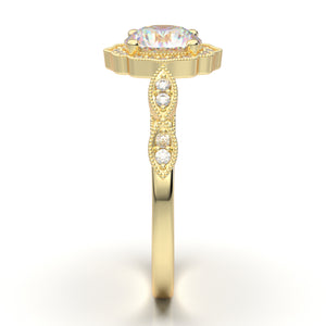 Home Try On--Yellow Gold Floral Milgrain Halo Ring