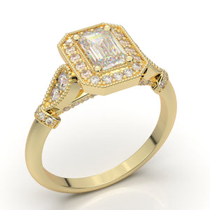 Home Try On--Yellow Gold Emerald Cut Milgrain Halo Ring