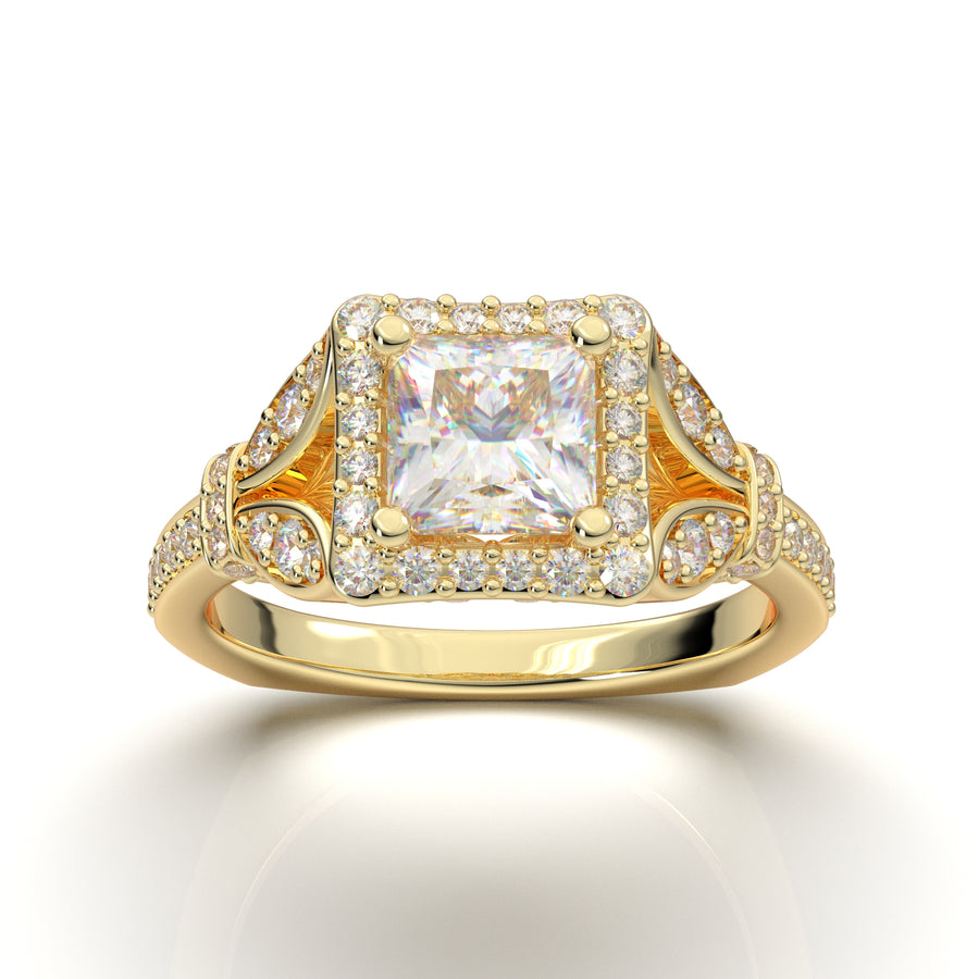 Home Try On--Yellow Gold Princess Cut Square Halo Ring