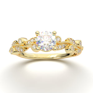 Home Try On--Yellow Gold Floral Leaf Bezel Ring