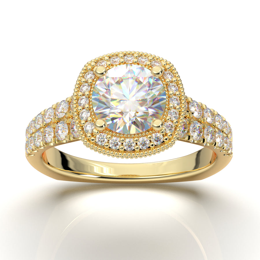 Yellow Gold Cushion Halo Two-Row Ring